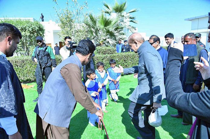 Prime Minister Muhammad Shehbaz Sharif interacting with the students after inaugurating the new building of Govt. Boys Secondary School Ghulam Rasool, Jia Khan in Sohbatpur, Balochistan.