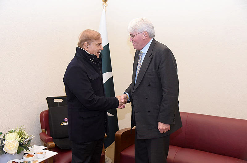 UK Minister of State for Development, Andrew Mitchell calls on the Prime Minister Muhammad Shehbaz Sharif on the sidelines of the International Conference on Resilient Pakistan in Palais des Nations