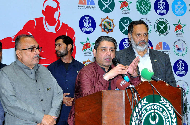 Federal Minister for Inter-Provincial Coordination Ehsan ur Rehman Mazari addresses at the closing ceremony of Inter Departmental National Basketball Championship at Pakistan Sports Complex Islamabad