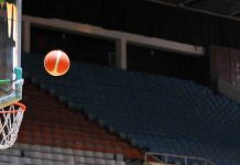 Basket ball players in action during Inter-Departmental Basketball Championship Final Army Vs Airforce, at Liaquat Gymnasium, Pakistan Sports Complex Islamabad