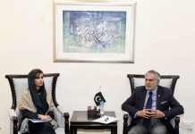 Federal Minister for Finance and Revenue, Senator Mohammad Ishaq Dar held a meeting with Minister of State for Foreign Affairs, Hina Rabbani Khar at Finance Division.
