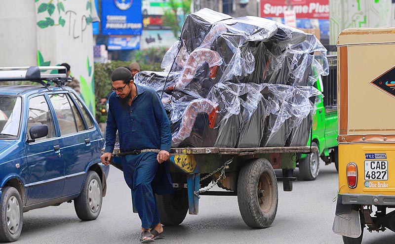 A labourer on the way pulling a handcart loaded with sofas on Murree Road