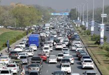 A view of massive traffic jam during morning time at Islamabad Expressway