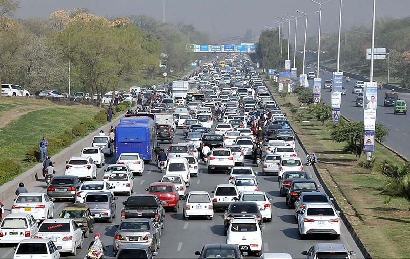 A view of massive traffic jam during morning time at Islamabad Expressway