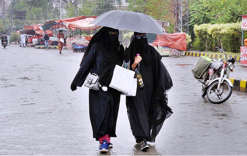 Women heading towards their destination holding umbrella during rain in the city