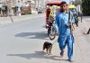 A monkey man is on his way to show his tricks for earning money