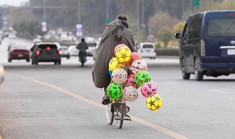 A street vendor paddling his bicycle loaded with footballs in the Federal Capital