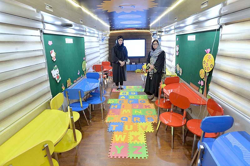 An inside view of mobile bus "School On Wheels" launched by Prime Minister of Pakistan for rural area children