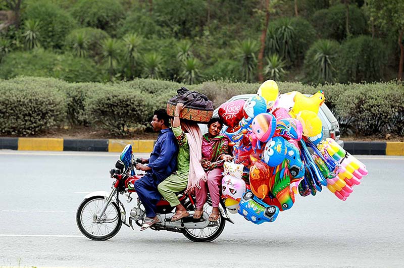 A gypsy family on the way riding on a motorbike with different kinds of plastic toys and balloons