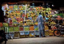 A vendor displaying the different seasonal fruits to attract the customers at his stall
