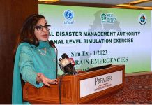 Federal Minister for Climate Change Sherry Rehman addressing the National Level Simulation Exercise inaugural session