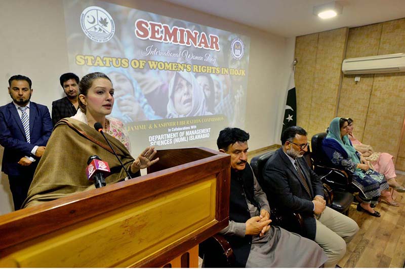 Chairperson Peace & Culture Organization Mushaal Hussein Mullick the wife of Jailed Kashmiri Hurriyat Leader Mohammad Yasin Malik addressing to the seminar on "Status of Women's Rights in Indian IIOJK at NUML