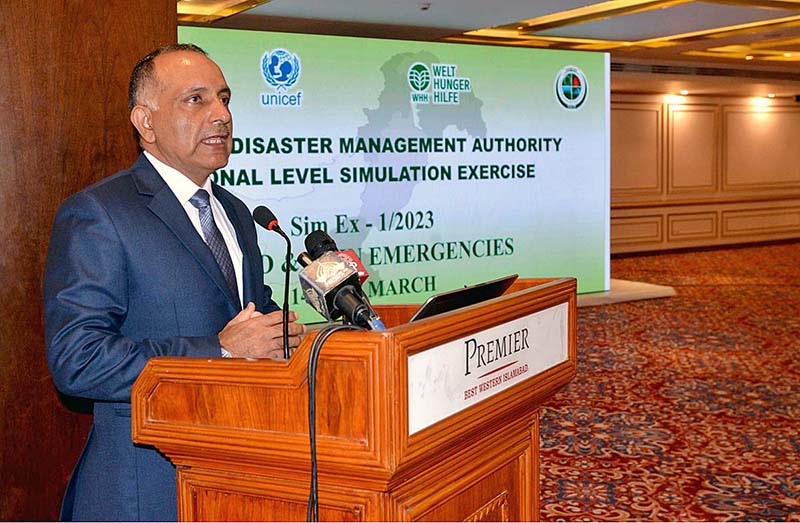 Chairman NDMA Lt. General Inam Haider Malik addressing the National Level Simulation Exercise inaugural session