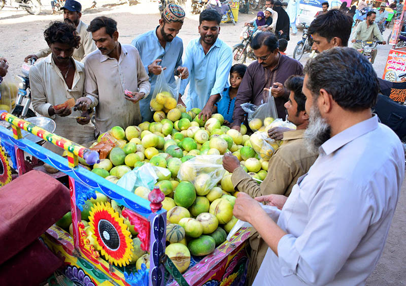 People busy in purchasing fresh fruit melons from vendors during a Holy month of Ramazan