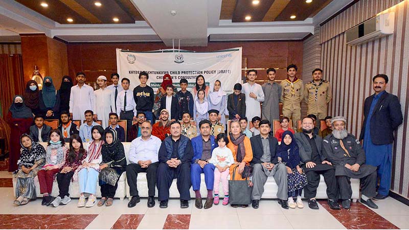 OPM Team Leader Amir Habib, Child Protection Specialist UNICEF Sohail Ahmad and Chief Protection Officer KPCPWC Ijaz Muhammad Khan in a group photo with other participants during a workshop on Consultation on Child Protection Policy in Peshawar organized by KP Child Protection, Welfare Commission and UNICEF