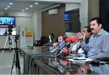 Minister of State for Poverty Alleviation and Social Safety, Faisal Karim Kundi addressing a press conference