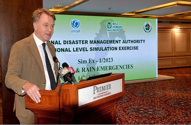 Country Director for WFP in Pakistan Chris Kaye addressing the National Level Simulation Exercise inaugural session
