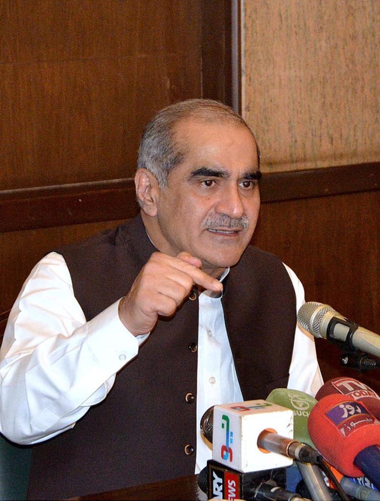 Federal Minister of Railways Khawaja Saad Rafique is addressing a press conference in Middle Town Lahore regarding the political situation in the country
