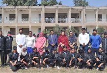 A group photo of Secretary Education Board Sargodha Dr Mohsin Abbas and Director Physical Education Roshan Zameer with players during inter-collegiate cricket tournament organized by Sargodha Education Board