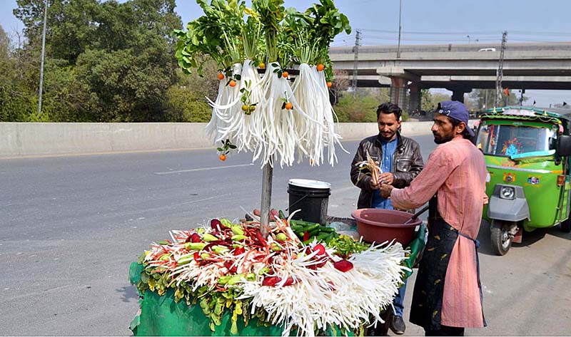 A vendor displaying vegetable salad to attract the customers at roadside