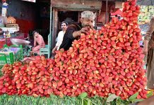 A vendor displaying strawberry to attract the customers on his cart