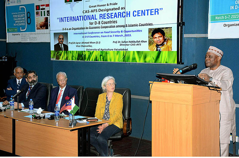 Ambassador Isiaka Abdulqadir Imam the D-8 Secretary General is addressing “International Conference on “Food Security Challenges and Opportunities in D-8 Countries at University of Agriculture Faisalabad (UAF)