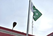 Deputy Commissioner Adnan Mahmood Awan hoisting national flag to mark the Pakistan Day at DC Office Complex