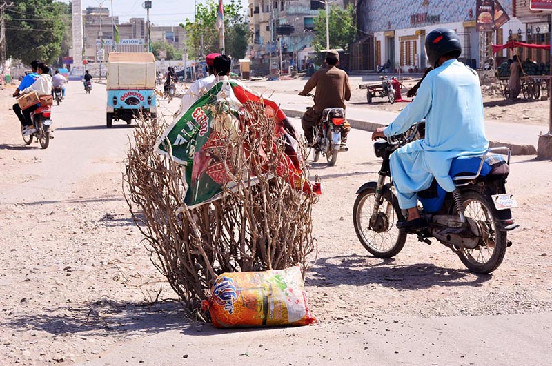 A view of open sewerage main-hole covered the dry plant at Police Station road Latifabad