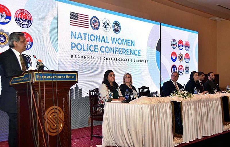 Federal Minister for Law and Justice Senator Azam Nazeer Tarar addressing a key note at National Women Police Conference at Serena Hotel in Federal Capital