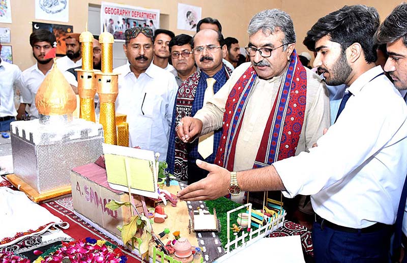 Regional Director Colleges, Professor Ahmed Bux Bhutto visiting different stalls after inaugurating Science, Art & Craft Exhibition 2023 during 1st Sindh College Talent Hunt at Government Degree College