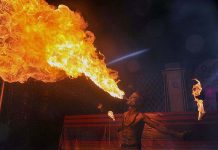 An artist performing fire breathing at Flora Festival