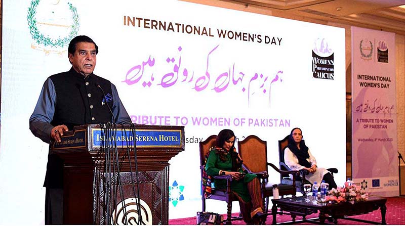 Speaker National Assembly Raja Pervez Ashraf addressing the participants of International Women’s Day celebration organized by Women Parliamentary Caucus