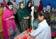 Visitors viewing the displayed models made by students during exhibition of Science & Arts at Royal Cambridge School