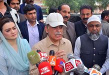 Prime Minister Muhammad Shehbaz Sharif talking to media persons after visiting Free Flour Distribution Points established as part of Prime Minister’s Ramzan Relief Package for deserving families
