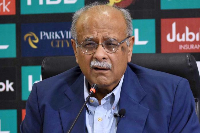 PCB Chairman Najam Sethi talking to the media persons during press conference at Gaddafi Stadium