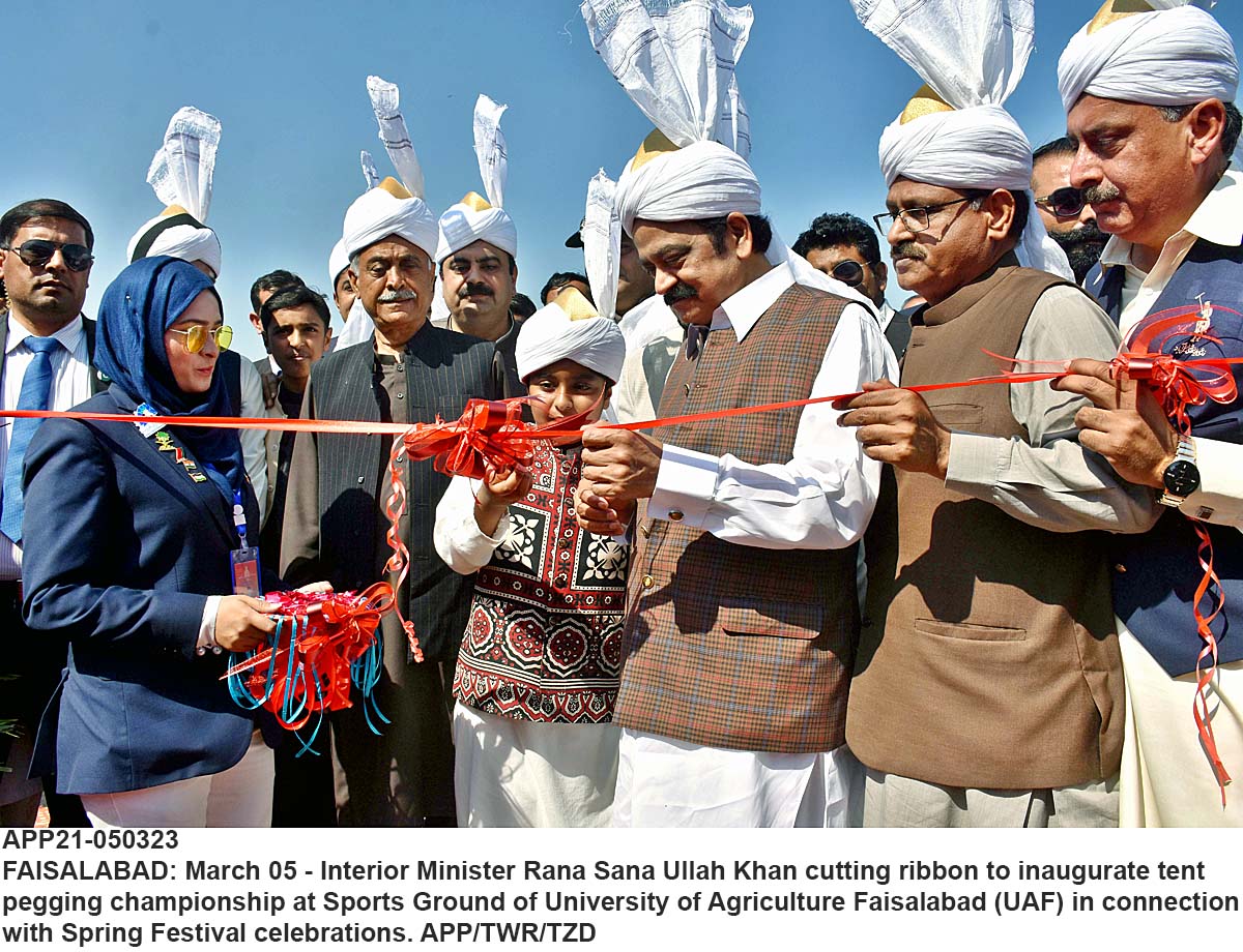 Interior Minister Rana Sana Ullah Khan cutting ribbon to inaugurate tent pegging championship at Sports Ground of University of Agriculture Faisalabad (UAF) in connection with Spring Festival celebrations