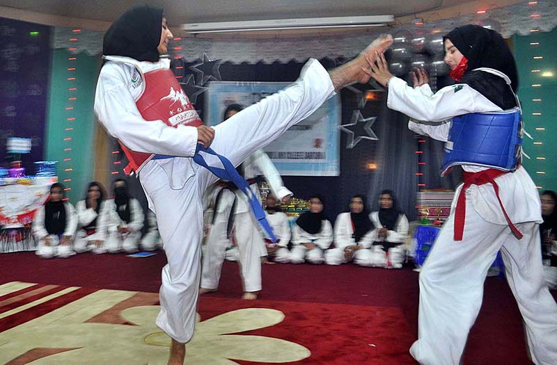 Martial arts female students are showing their skills on the occasion of 10th annual results Khabib Girls' School and College Srgodha