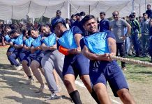 Students participating in Tug Of War competition in Opening Ceremony of Higher Education Commission Sports Gala at University of Sargodha
