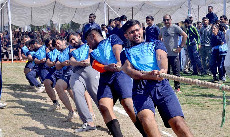 Students participating in Tug Of War competition in Opening Ceremony of Higher Education Commission Sports Gala at University of Sargodha