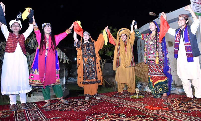 Students of Govt. Girls Little Folks Higher Secondary School performing in a tableau during late PPP MNA Ayaz Soomro Foundation function at Arts Council