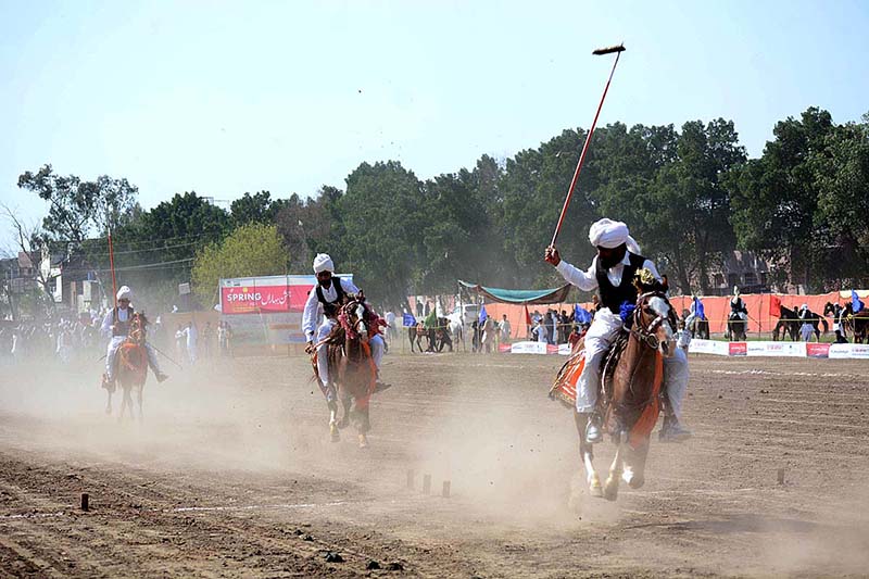 <em>Players participating in tent pegging championship arranged by University of Agriculture Faisalabad (UAF) at Sports Ground in connection with Spring Festival celebrations</em>