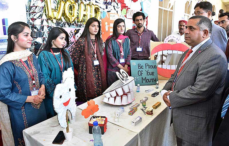 Principal Bibi Aseefa Dental College Prof. Dr. Syed Yousuf Shah visiting different stalls after inaugurating Table Clinic, Research Presentation, Exhibition Stalls and Poster Presentation on the occasion of World Oral Health Day at BADC Larkana