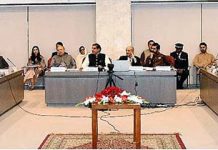 Speaker National Assembly Raja Pervez Ashraf chairing the Advisory Committee meeting on Golden Jubilee of the Constitution at Parliament House.
