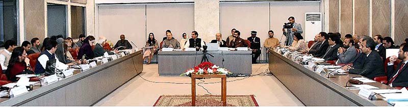 Speaker National Assembly Raja Pervez Ashraf chairing the Advisory Committee meeting on Golden Jubilee of the Constitution at Parliament House.