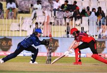 Women cricket players in action during a 2nd cricket exhibition match at Rawalpindi Cricket Stadium to mark the International Women's Day