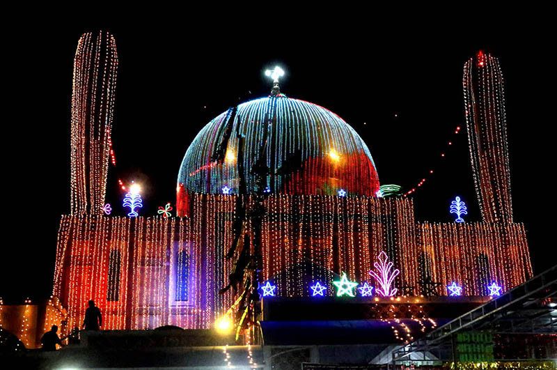 An illuminated view of shine of Hazrat Lal Shahbaz Qalandar decorated with lights on the occasion of 771th Urs celebration on Sunday night
