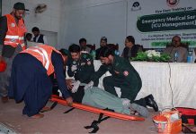 Rescue personnel and Health workers presenting demo regarding emergency services at conclusion session of Health training organized under COVID-19 Project and Merck at Boys Scout Quetta