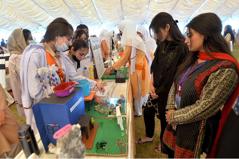 Students painting during Science & Art Exhibition at City University organized by Peshawar Model Degree Colleges