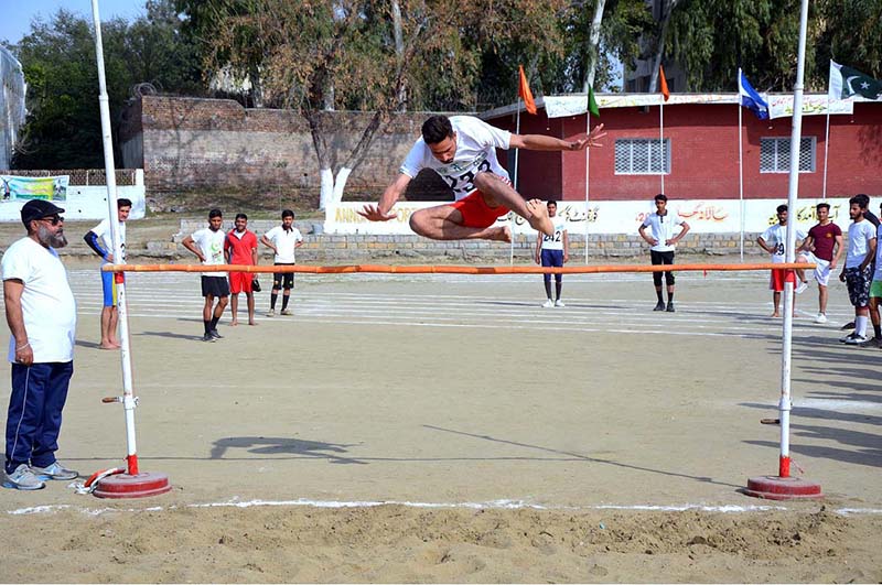 Students are participating in high jump competition during the annual competitions of Government Graduate College Attock