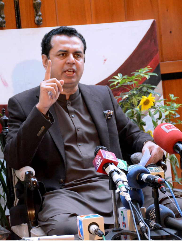 Central Leader of Pakistan Muslim League-N (PML-N) Muhammad Talal Chaudhary addressing a press conference